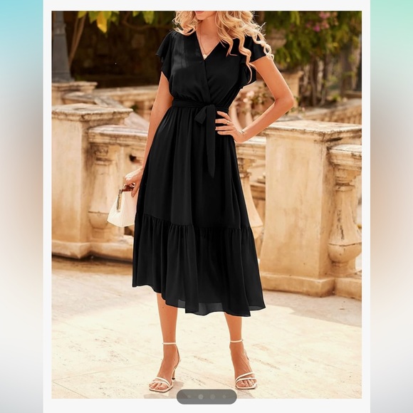 Bohemian Casual Wrap V Neck Ruffle Cap Sleeveless Belt A-Line Pleated Hem Midi - Picture 2 of 11